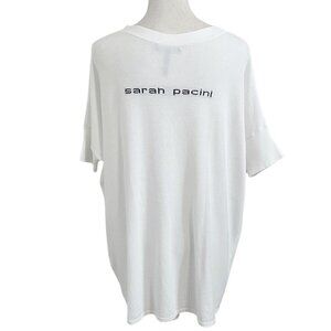 SARAH PACINI WHITE LONG SQUARE NECK BACK BLACK WRITING SHORT TEE TOP - OS